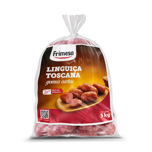 Linguiça Toscana em gomos curtos dentro de embalagem transparente, com etiqueta Frimesa em destaque, peso 5kg.