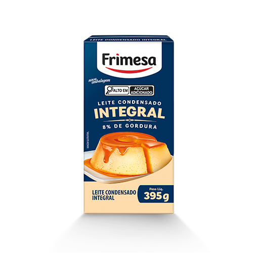 Leite Condensado Integral Frimesa 395g em embalagem cartonada com pudim coberto de frutas na ilustração.
