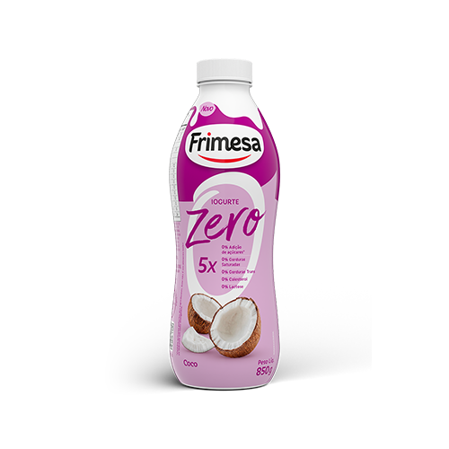 Frimesa Iogurte Coco Zero 850g em embalagem roxa e branca com fatias de coco ilustradas na frente.