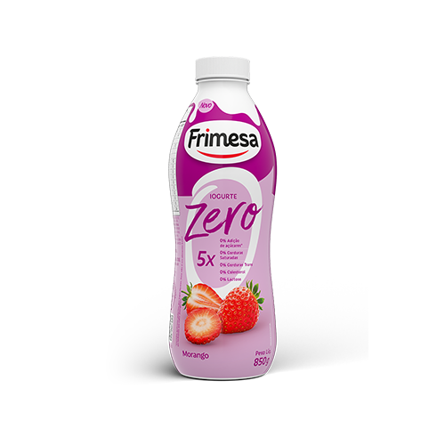 Iogurte Morango Zero 850g Frimesa em garrafa rosa com imagem de morango. Rótulo destaca benefícios de 0% açúcares.