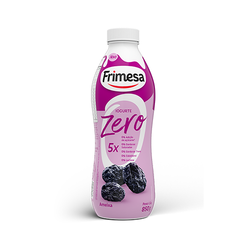 Iogurte Frimesa Ameixa Zero 850g em embalagem roxa, com imagem de ameixas e detalhes dos benefícios do produto.