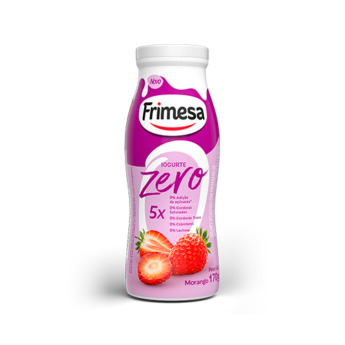 Iogurte Frimesa embalagem roxa, 170g, Zero Açúcar, sabor morango, ilustração de morangos na frente.