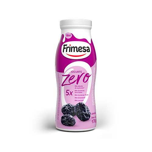 Iogurte Ameixa Zero Frimesa 170g em embalagem roxa, com ameixas ilustradas na parte inferior e informações sobre o produto.