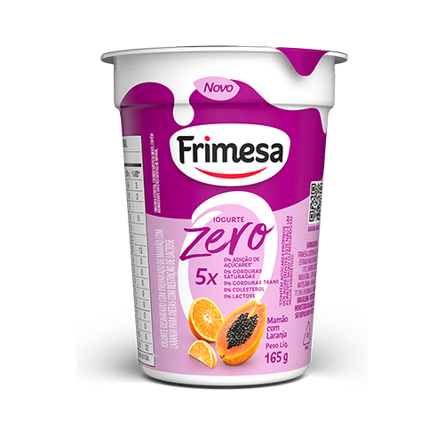 Iogurte Frimesa Zero Mamão e Laranja 165g, embalagem roxa com imagens de mamão e laranja, alto teor proteico.