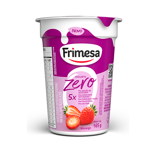 Iogurte Morango Zero Frimesa 165g com embalagem roxa e branca, destacando morangos frescos na frente.