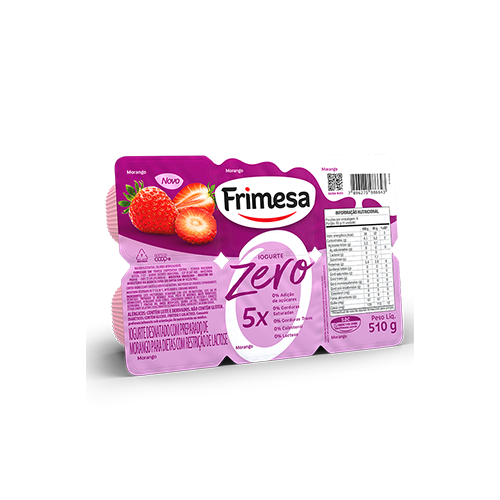 Iogurte Morango Zero Frimesa 510g em embalagem lilás com morangos frescos ilustrados e informações nutricionais destacadas.