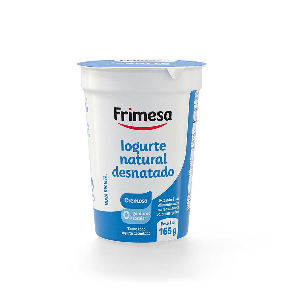 Iogurte Natural Desnatado Frimesa, pote azul e branco de 165g, logotipo vermelho e detalhes em azul.