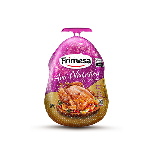 Ave Natalina Frimesa de 4kg embalada, com design natalino e detalhes festivos na embalagem escura.