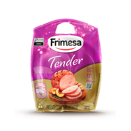 Tender sem Osso Frimesa 800g em embalagem preta com detalhes dourados, exibe fatias de presunto envolto em rede.