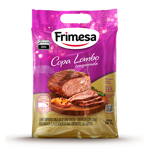 Pacote de Copa Lombo Temperada Frimesa 1.2kg, imagem do produto em fatias ao lado de guarnições.