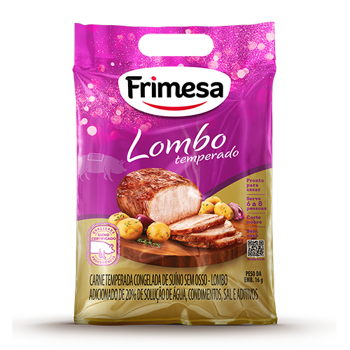 Lombo Suíno Frimesa em embalagem preta com fatias suculentas e ervilhas ao lado, destaque para "Ceia Prática".