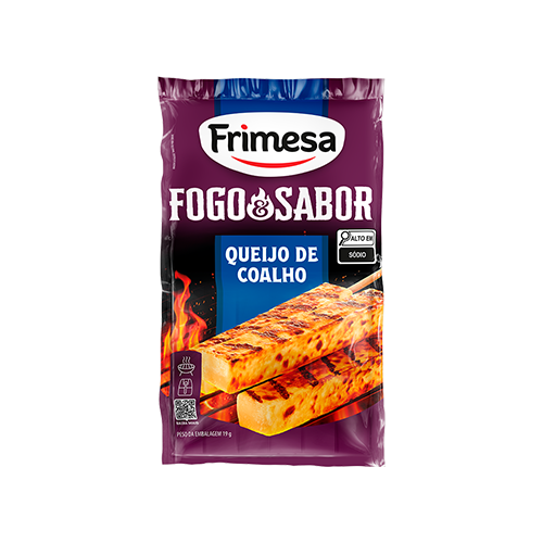 Queijo de Coalho Frimesa 380g em embalagem preta com imagem de pedaços grelhados e destaque para "Fogo & Sabor".